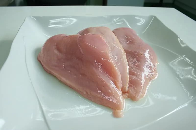 Dua potong ayam fillet dada mentah berwarna merah muda di atas piring putih persegi