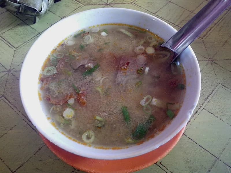 Semangkuk coto Makassar berkuah keruh kecokelatan dengan potongan daging, irisan daun bawang, dan bawang goreng