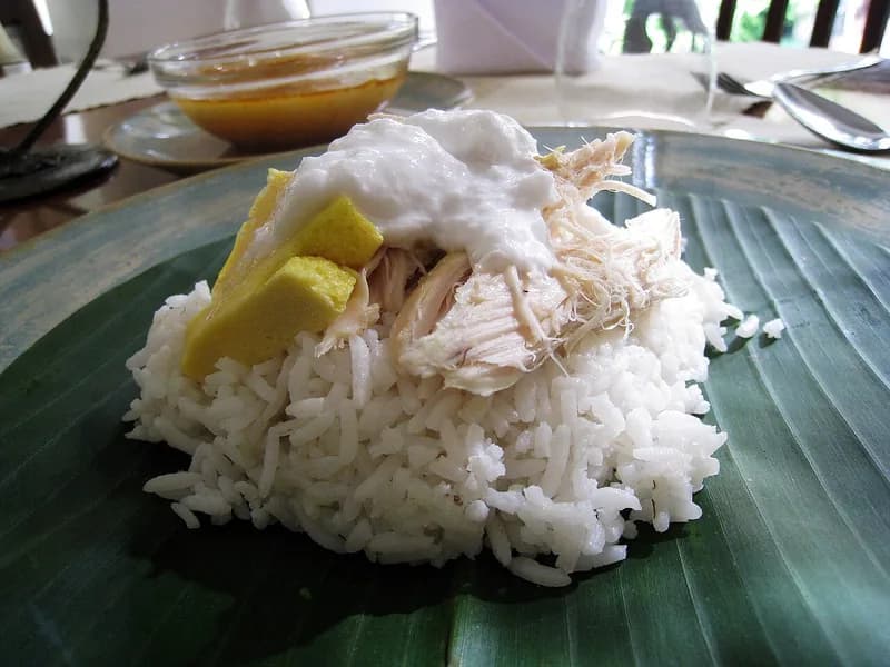 Nasi liwet Solo dengan suwiran ayam, telur, dan areh santan kental di atas daun pisang