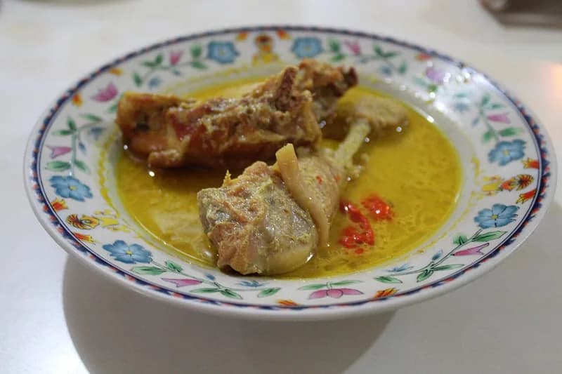 Potongan opor ayam dalam kuah santan kuning berbumbu dengan irisan cabai merah di piring bermotif bunga