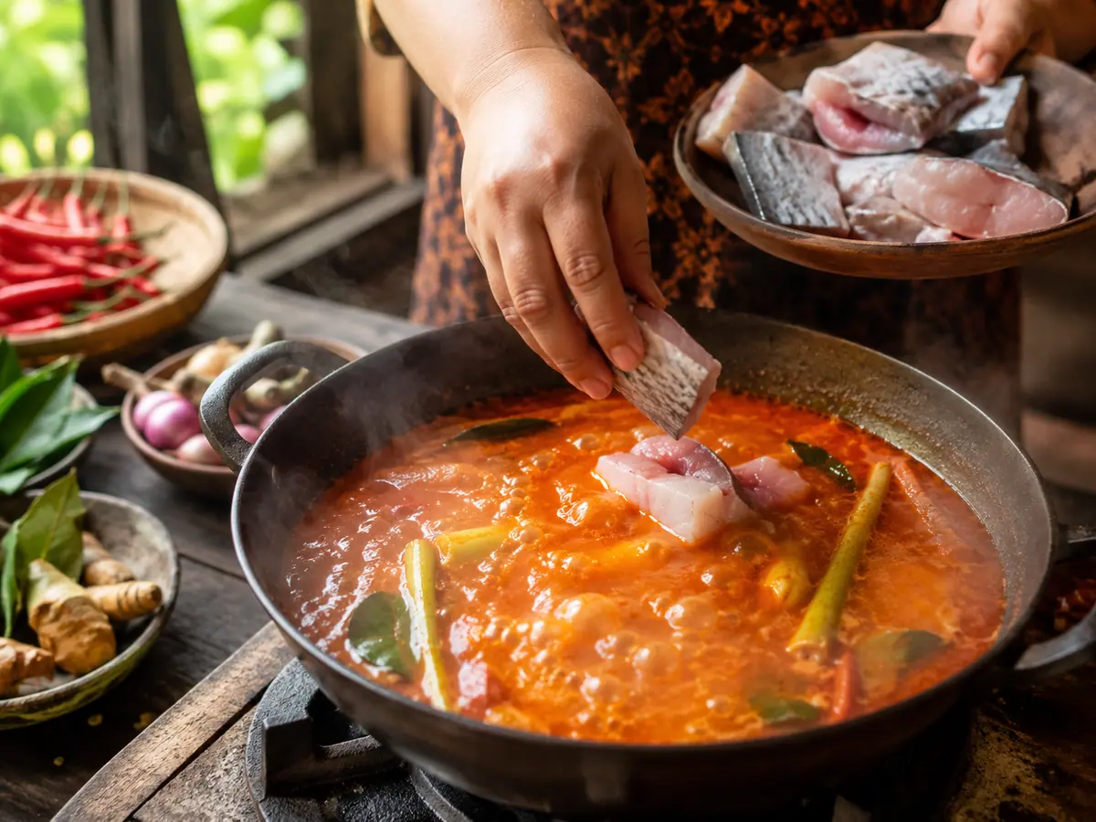 Proses memasukkan potongan ikan ke dalam kuah asam padeh merah yang mendidih