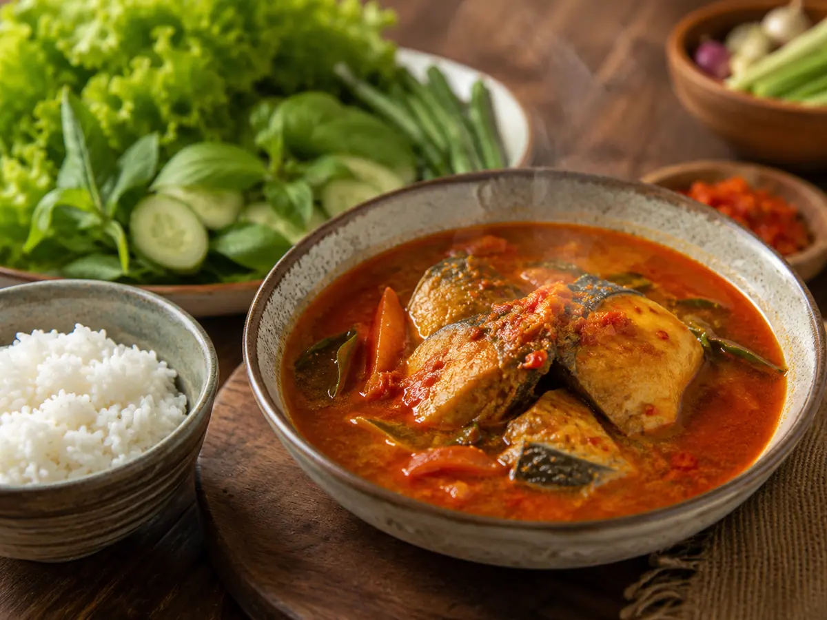 Asam padeh ikan disajikan dengan nasi putih hangat dan lalapan segar