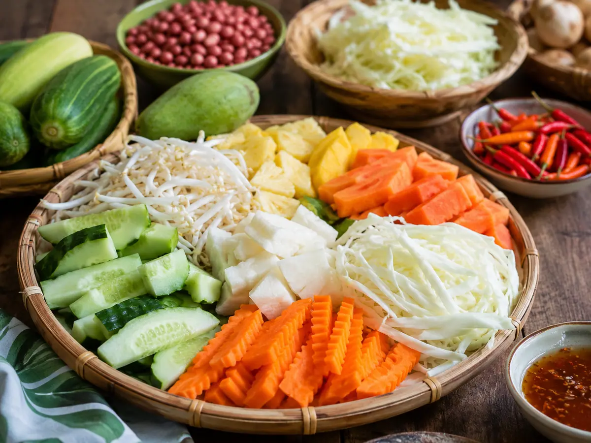 Aneka buah dan sayur segar untuk membuat asinan tertata di meja