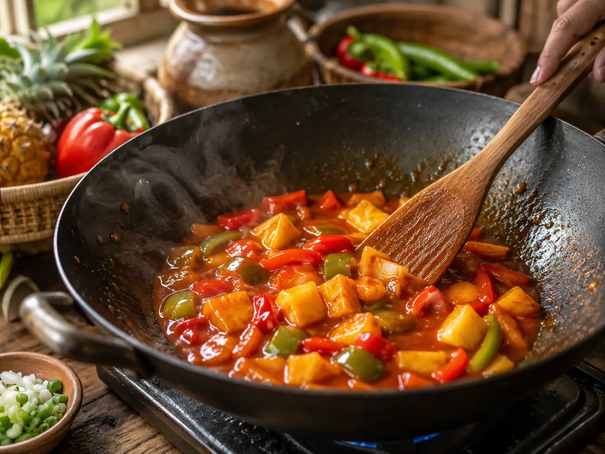 Proses memasak saus asam manis di wajan dengan paprika dan nanas sebelum ayam dimasukkan