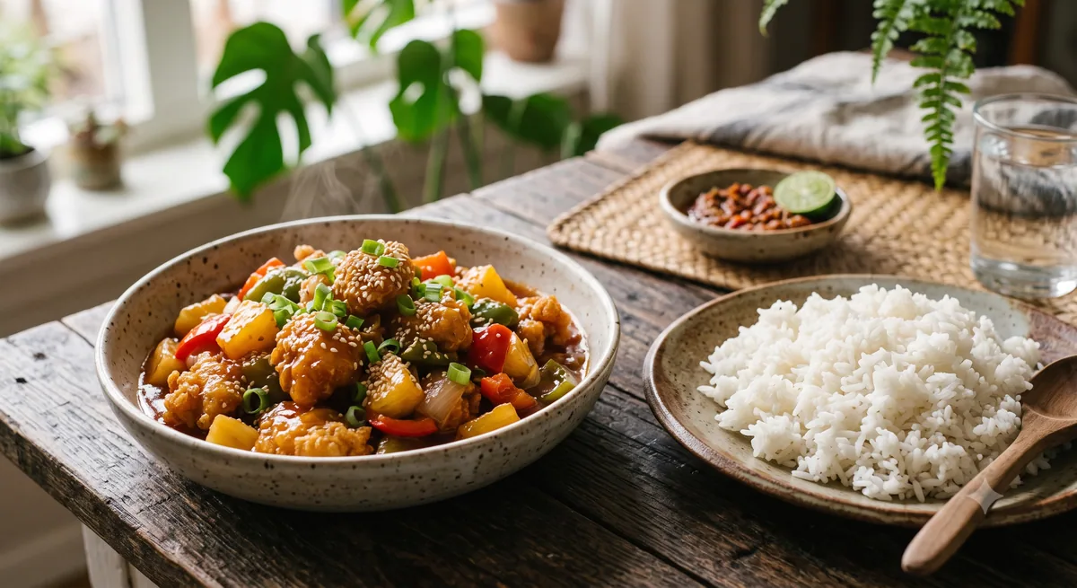 Ayam asam manis disajikan dengan nasi putih hangat dan taburan wijen
