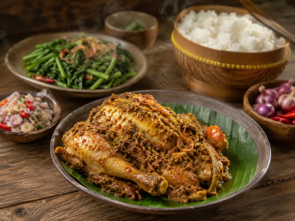 Ayam betutu disajikan dengan nasi hangat plecing kangkung dan sambal matah