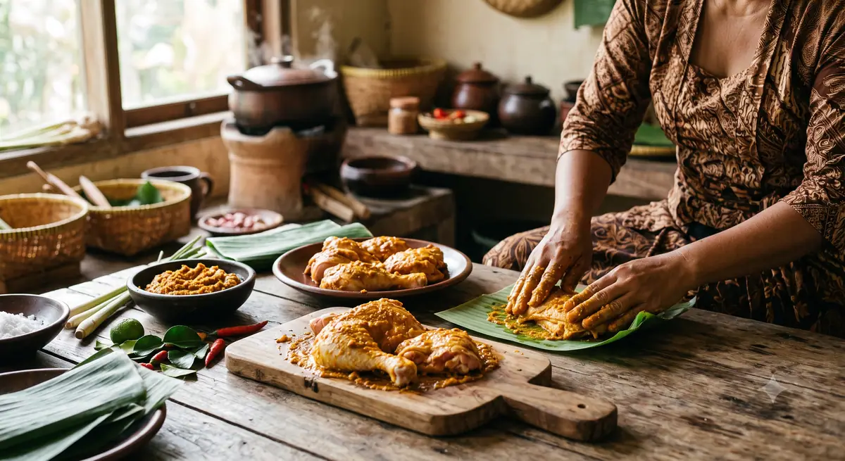 Proses melumuri ayam dengan bumbu base genep lalu membungkus dengan daun pisang