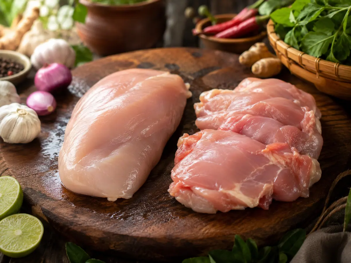 Perbandingan ayam fillet dada dan paha di atas talenan kayu