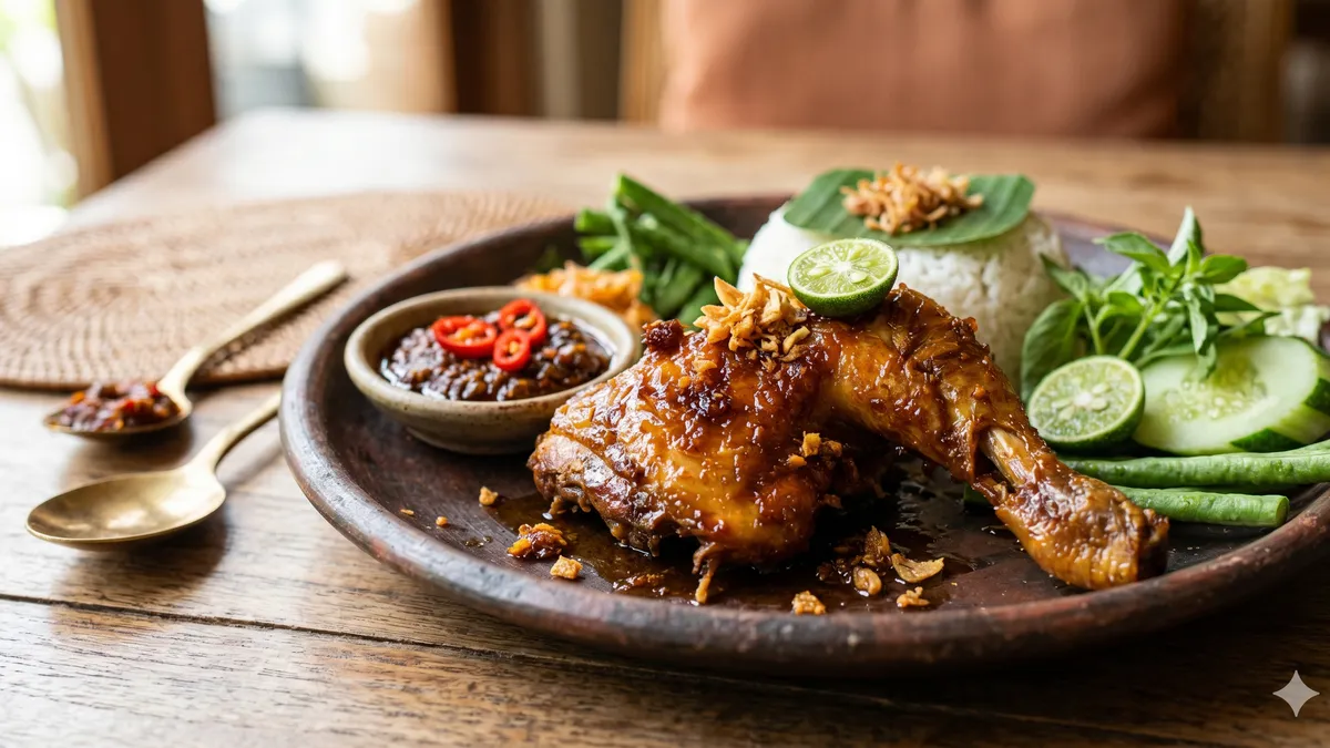 ayam kalasan disajikan dengan nasi putih dan sambal