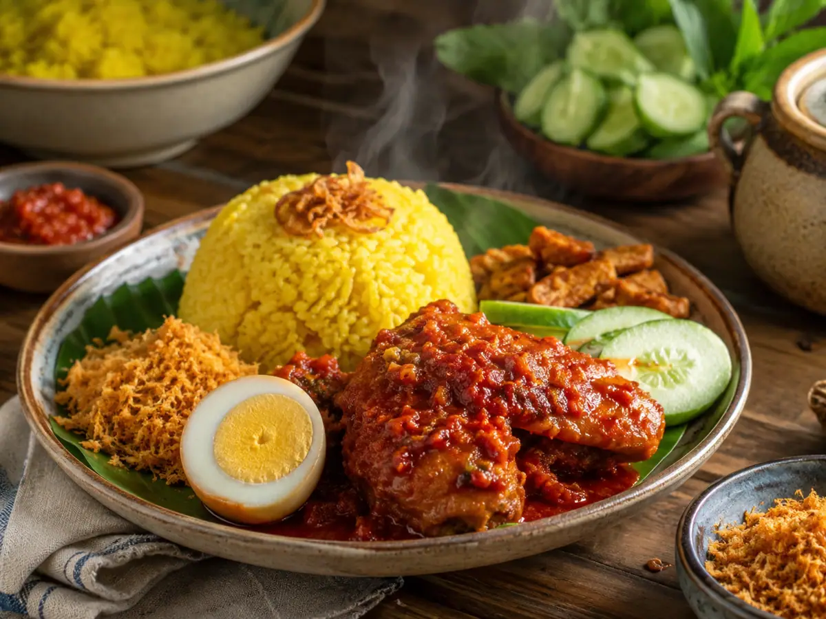 Ayam masak habang disajikan bersama nasi kuning Banjar dan pelengkap