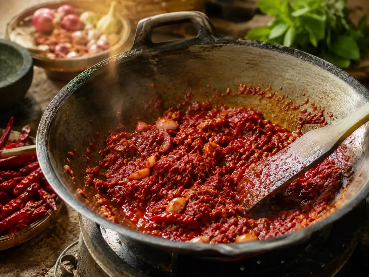 Proses menumis bumbu cabai merah kering hingga merah tua sebelum memasukkan ayam