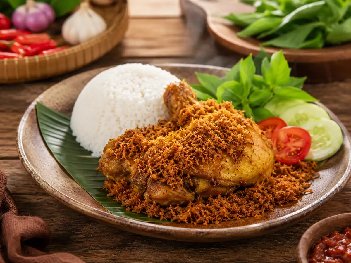 Ayam serundeng disajikan dengan nasi putih dan lalapan segar