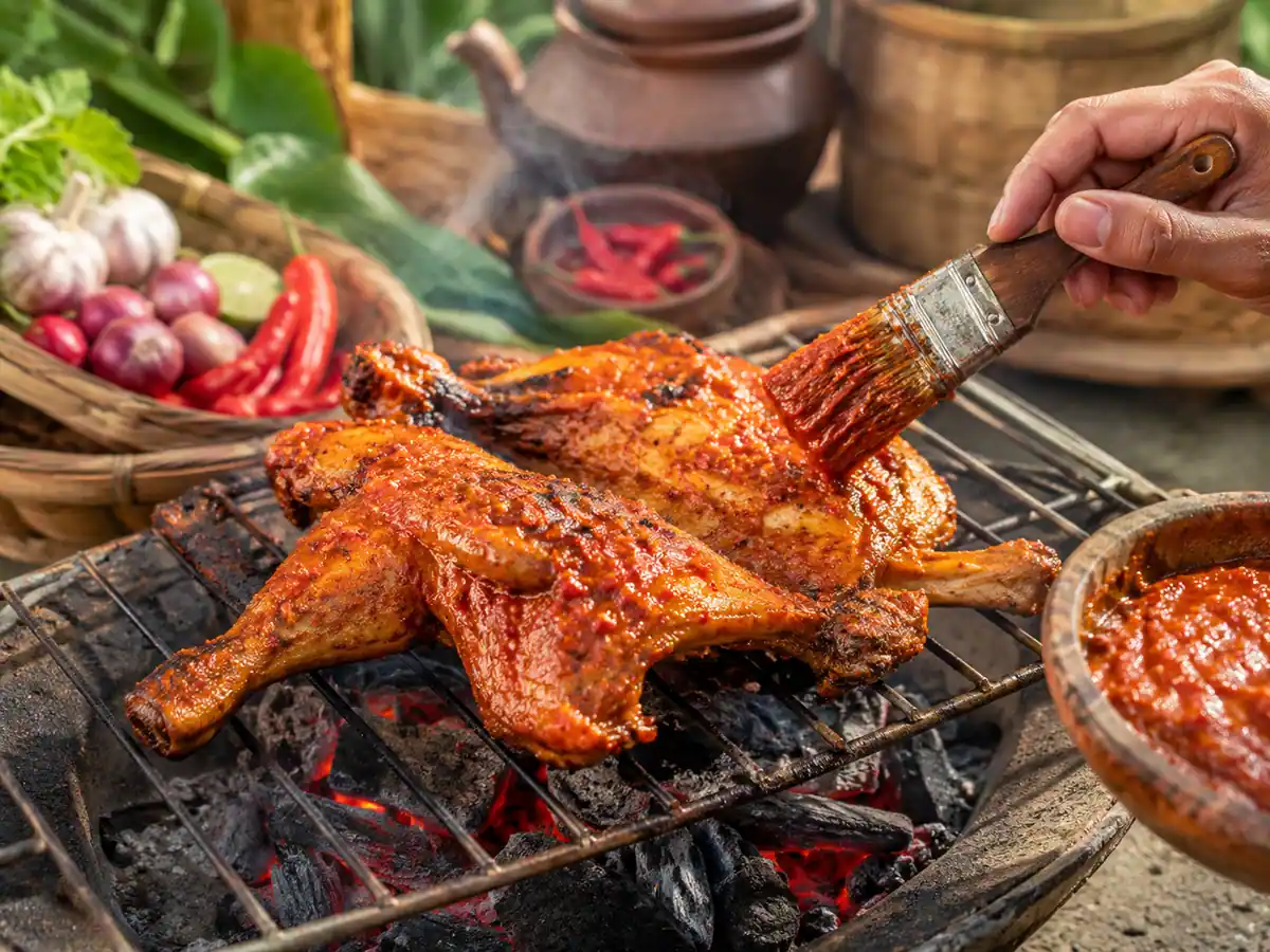 Proses membakar ayam taliwang sambil mengolesi bumbu cabai merah di atas bara arang