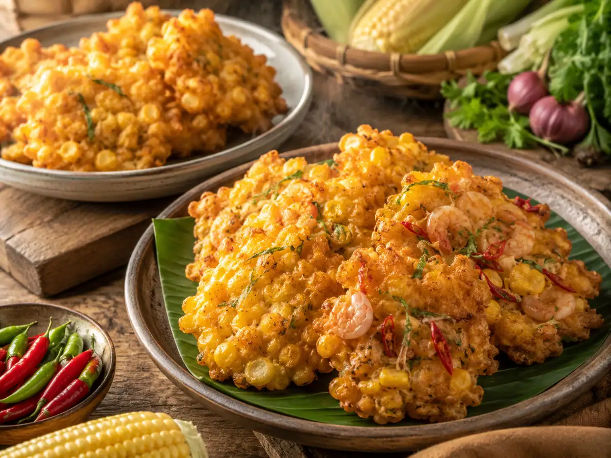 Beberapa variasi bakwan jagung dengan udang dan cabai di piring saji