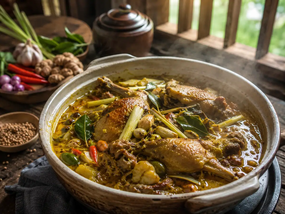 Proses mengungkep bebek madura dengan bumbu rempah lengkap