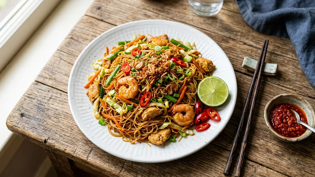 Bihun goreng spesial dengan ayam, udang, dan sayuran