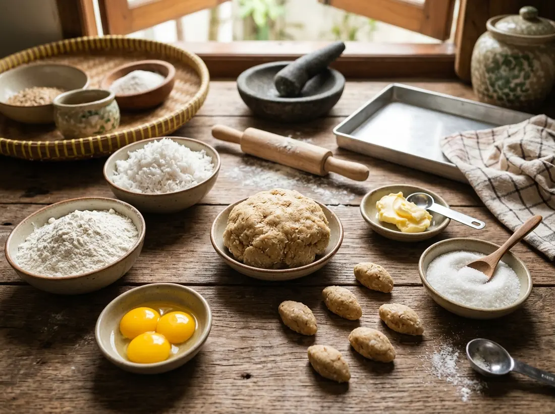 Bahan-bahan membuat biji ketapang: tepung, kelapa parut, telur, gula, dan margarin