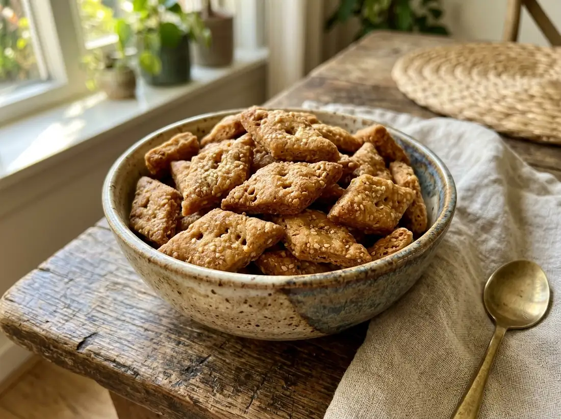 Semangkuk biji ketapang goreng berwarna keemasan yang renyah