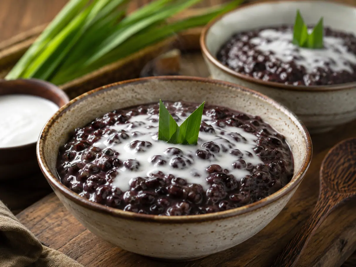 Bubur ketan hitam kental disajikan dalam mangkuk dengan santan