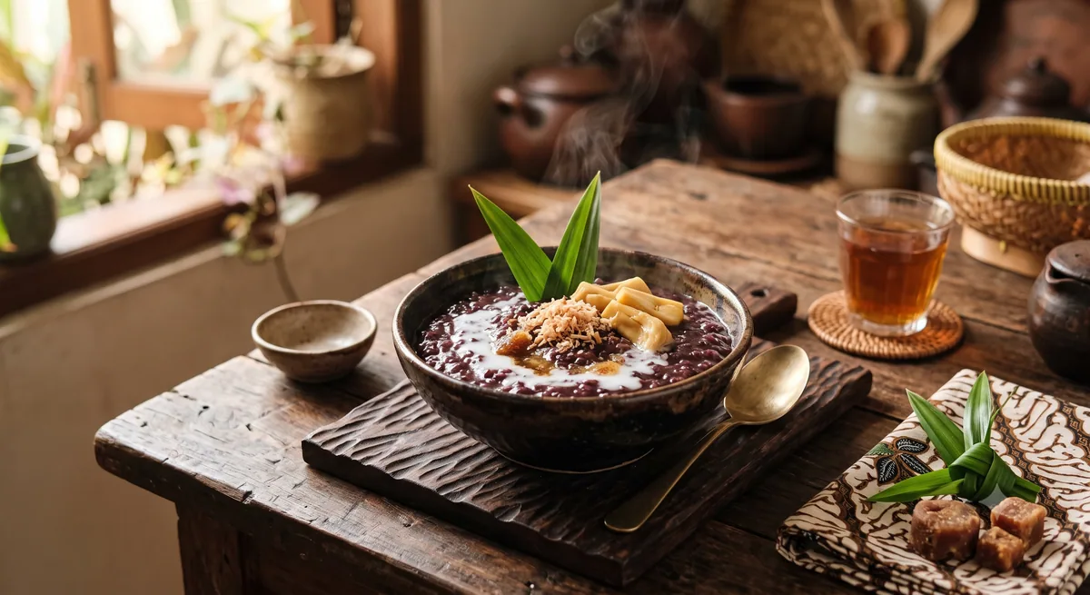 Bubur ketan hitam matang dengan santan dan bahan pelengkap di meja dapur
