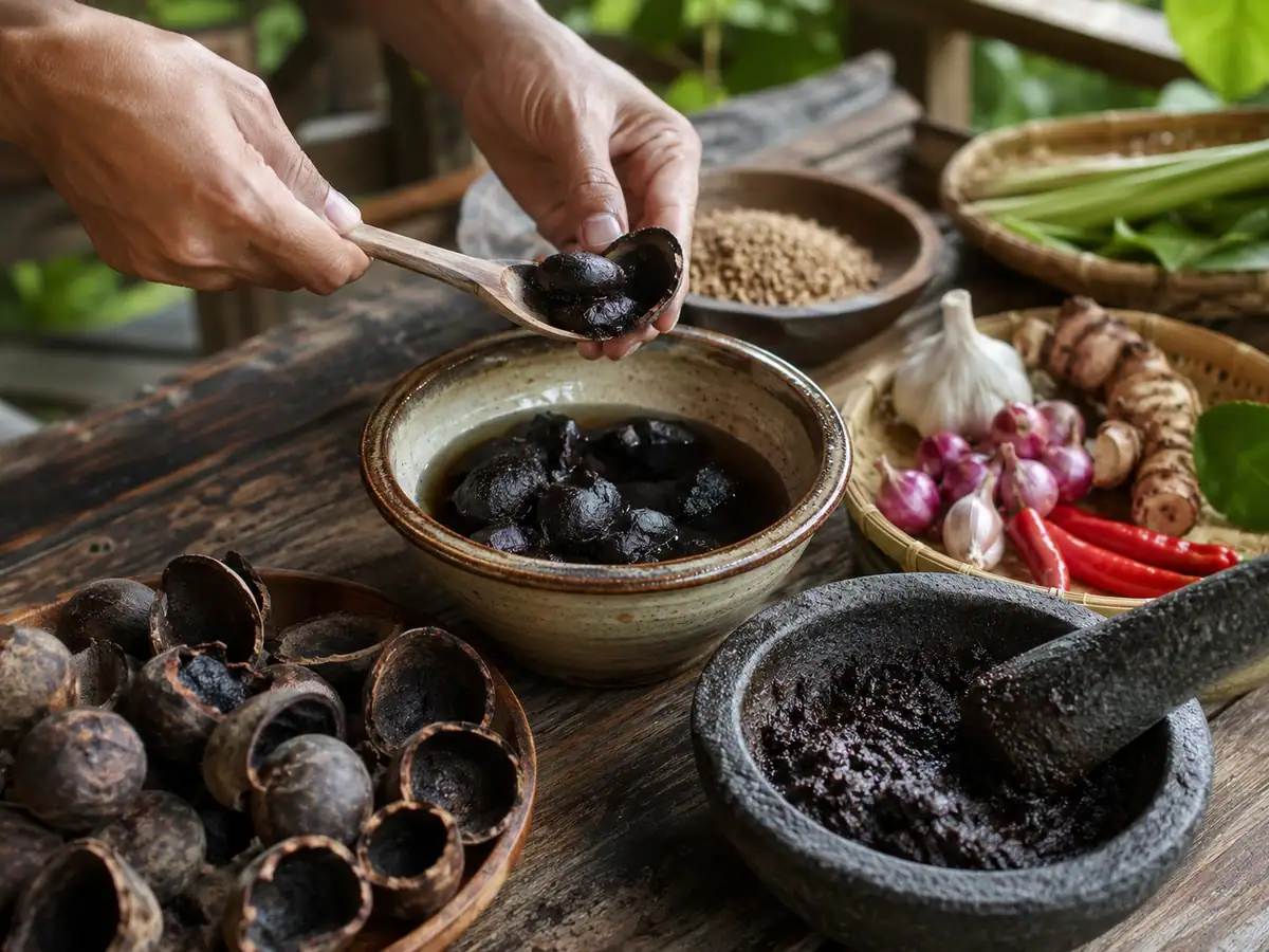Kluwek matang dikeruk dan direndam sebelum dihaluskan untuk bumbu rawon
