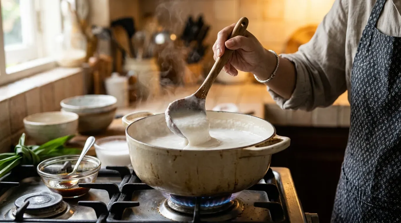Proses memasak bubur sumsum dengan mengaduk kuah santan