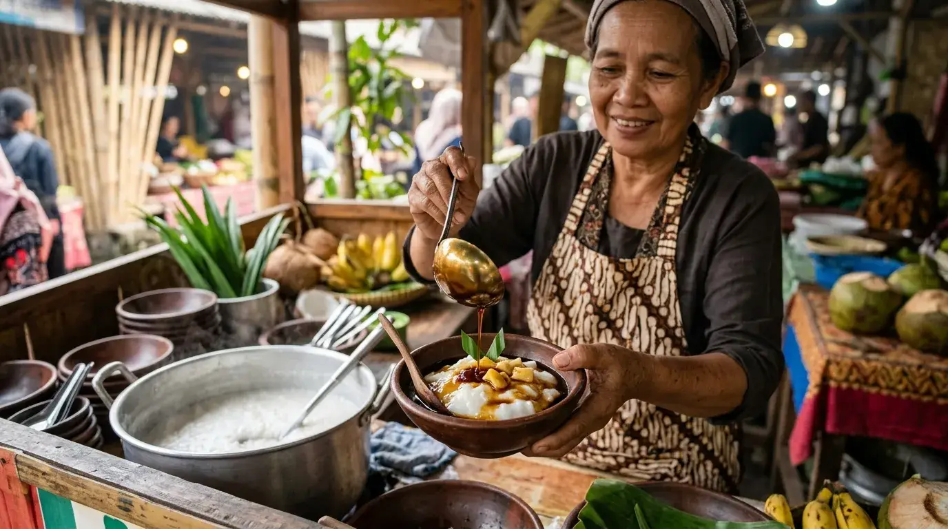 Bubur sumsum siap dihidangkan dengan topping lengkap