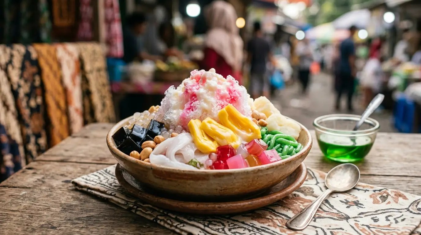 es campur segar dengan berbagai topping di gelas