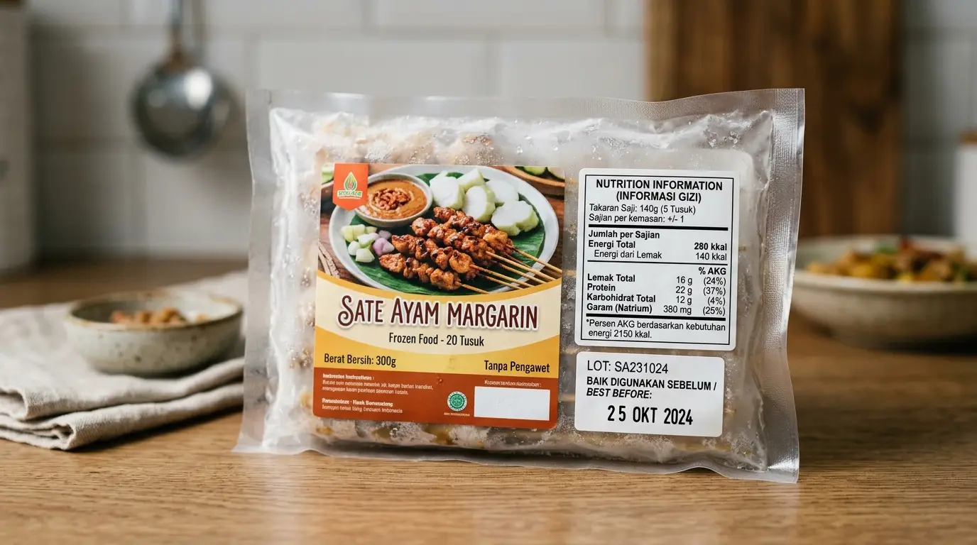 kemasan frozenfood dengan label informasi gizi dan tanggal kadaluarsa