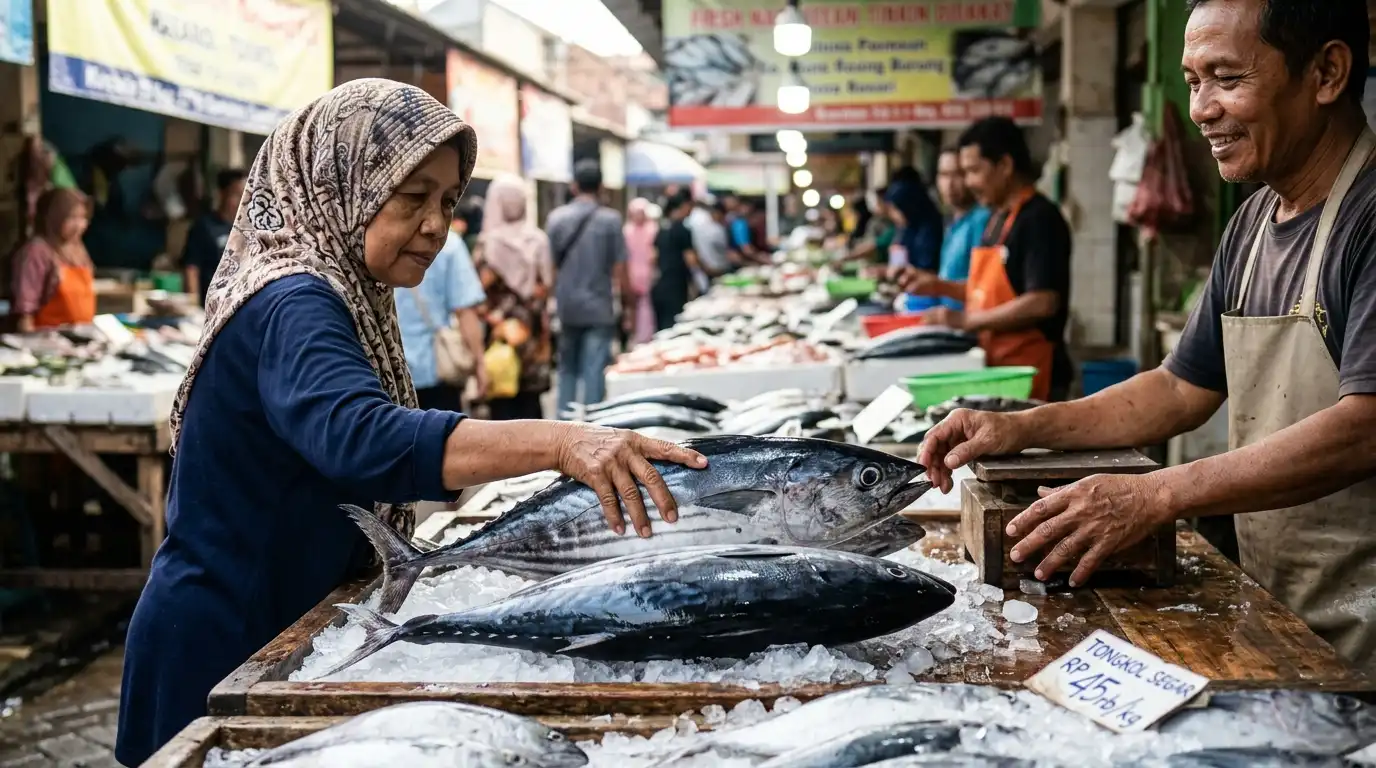 ikan tongkol segar di pasar tradisional Indonesia