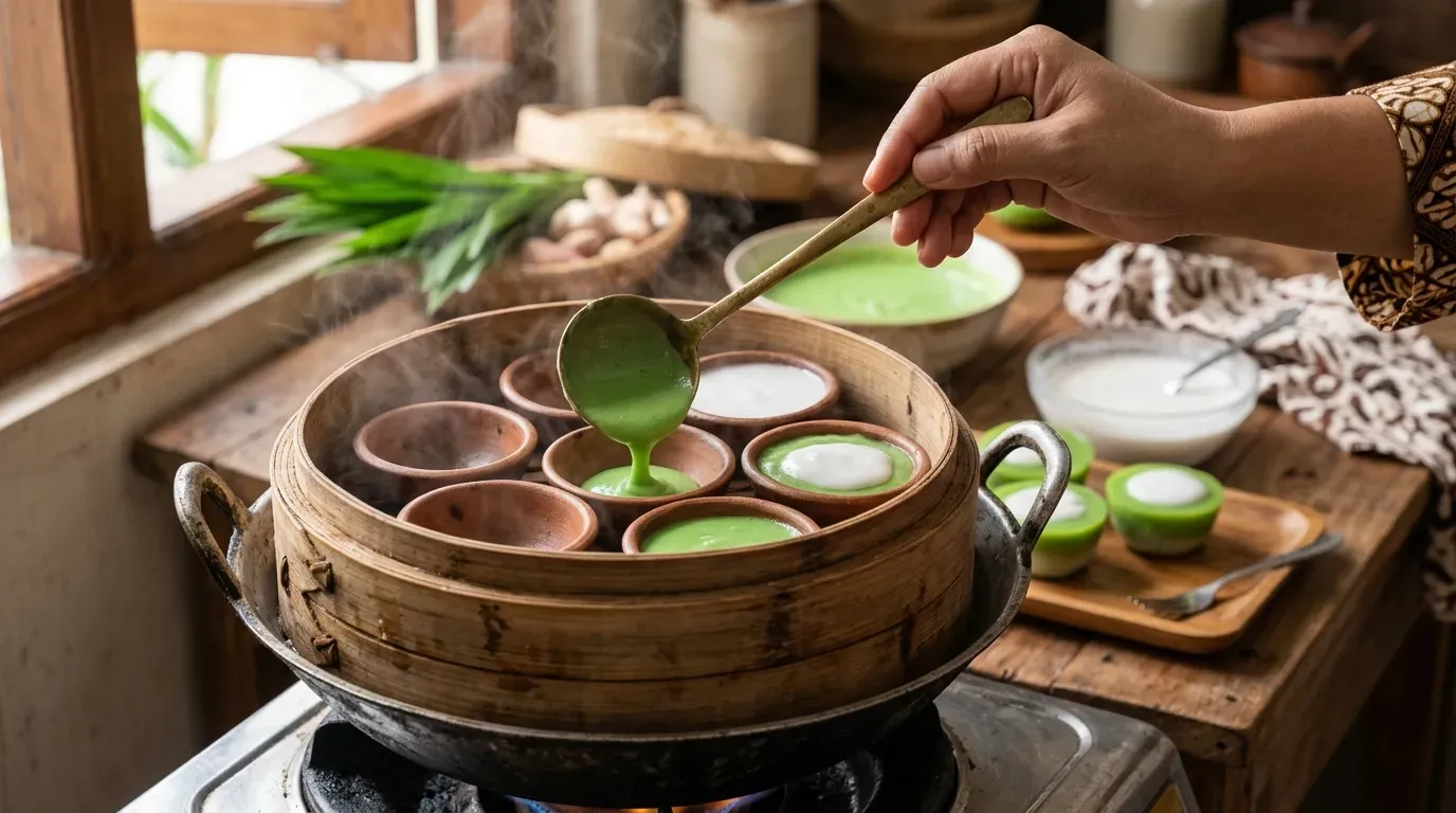 Proses pembuatan kue talam dengan perhatian detail yang sempurna
