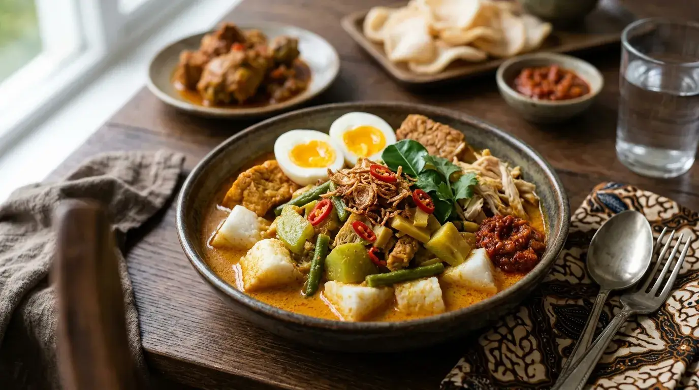 hidangan lontong sayur tradisional Indonesia dengan kuah santan kental