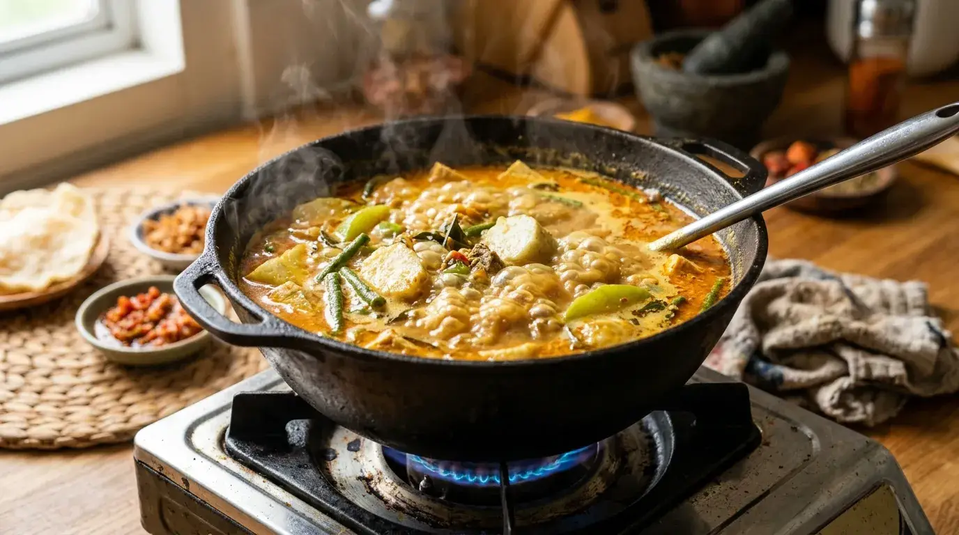 proses memasak lontong sayur dengan kuah panas di wajan tradisional