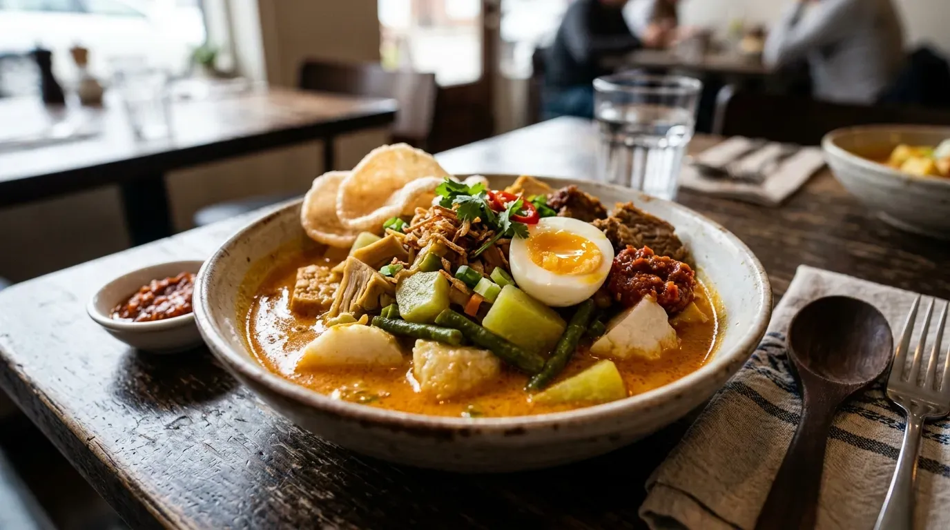 detail tekstur lontong sayur dengan berbagai sayuran segar di kuah santan