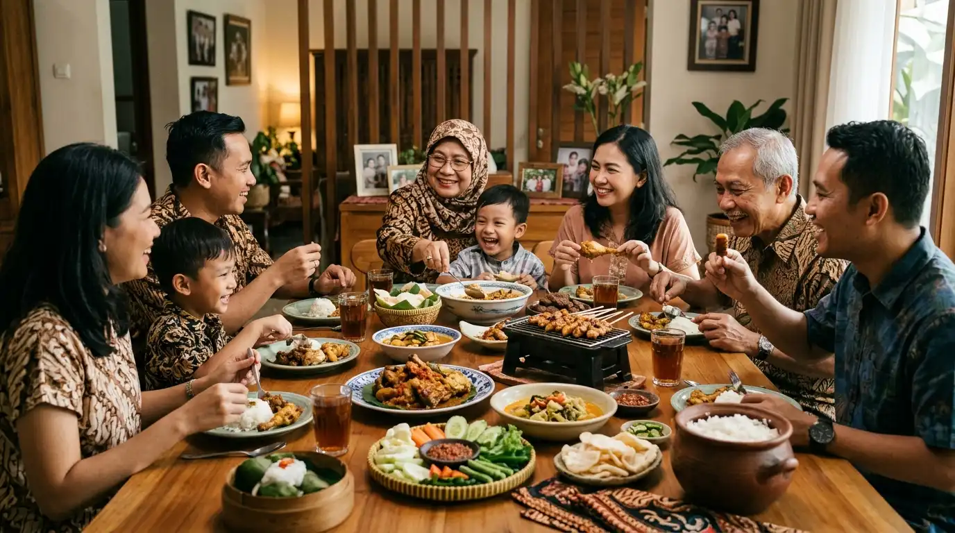 keluarga berkumpul menikmati makanan tradisional bersama