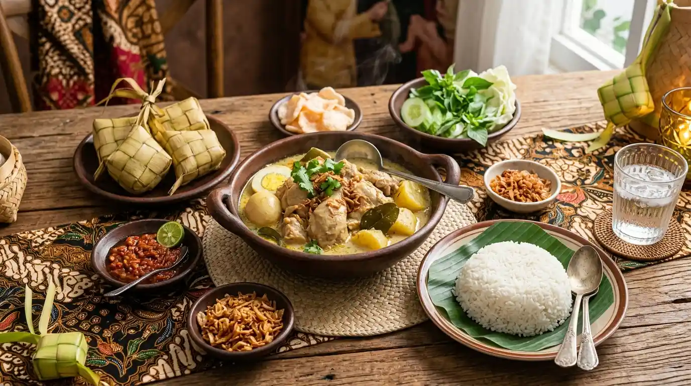 Opor ayam disajikan dengan nasi putih dan berbagai lauk pendamping tradisional