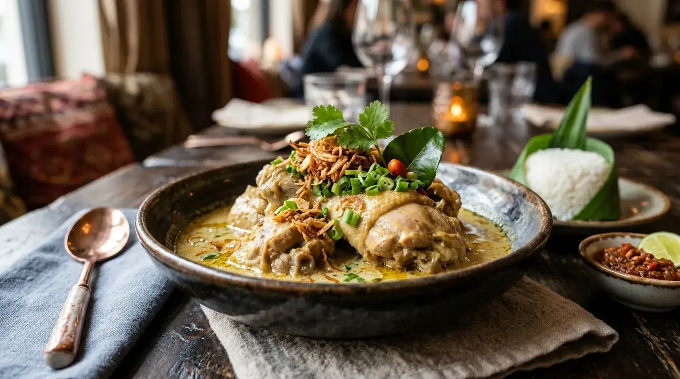 penyajian resep opor ayam yang menggugah selera dengan hiasan segar