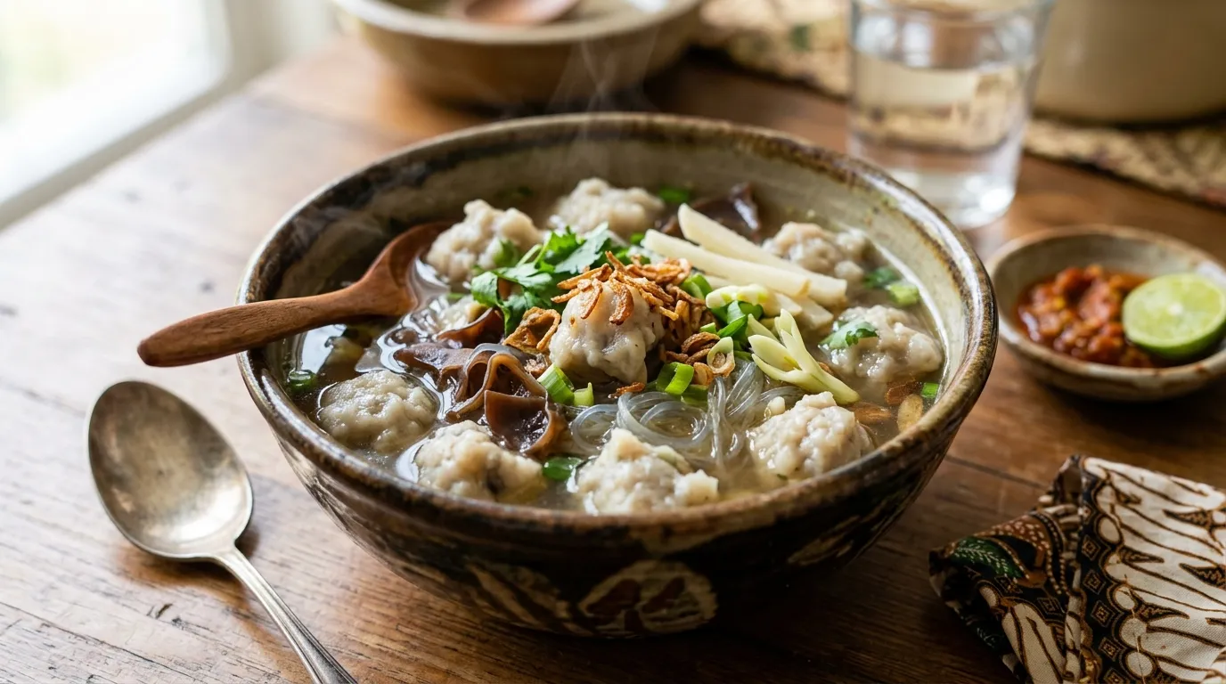 Tekwan tradisional Palembang dalam mangkuk putih dengan kuah gurih