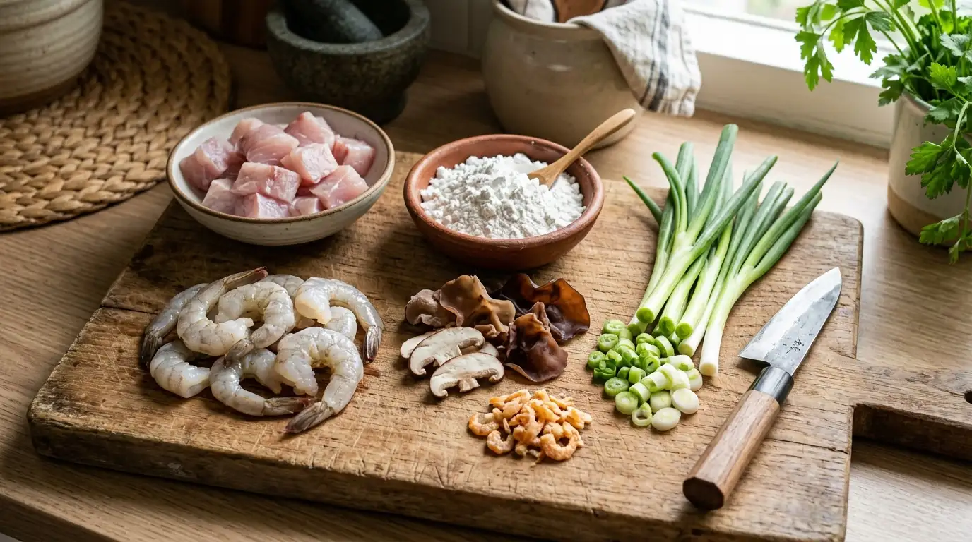 Proses memasak tekwan dengan bahan-bahan segar di dapur