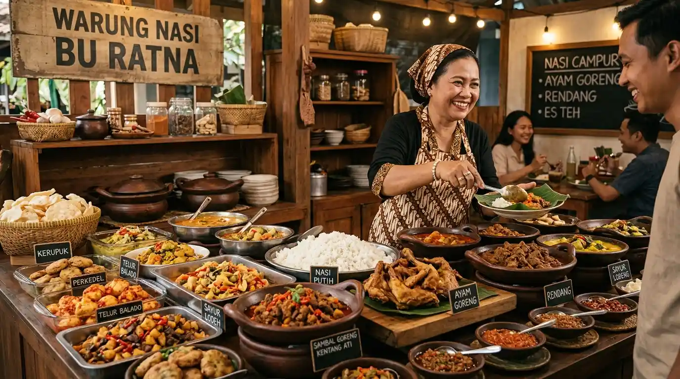 Warung makan tradisional dengan menu nasi dan lauk pauk