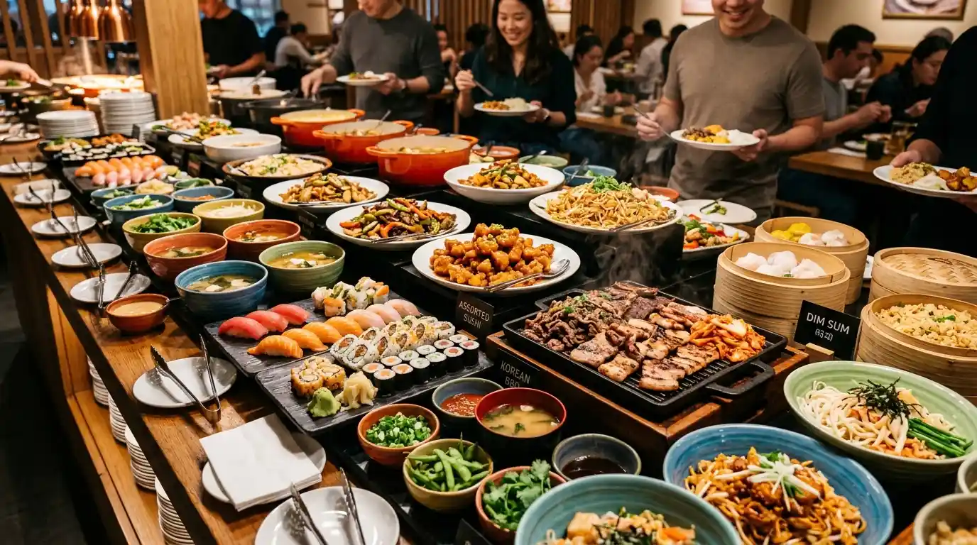 Konsep all-you-can-eat dengan berbagai hidangan di meja restoran