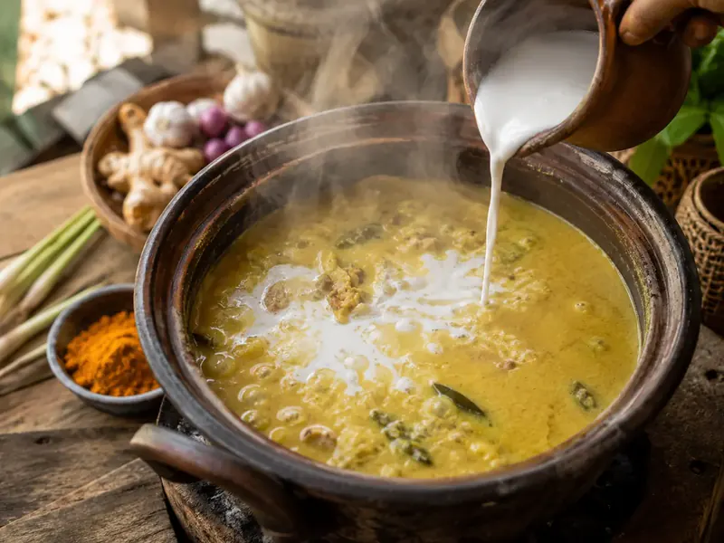 Proses memasak kuah empal gentong dengan bumbu kuning dan santan di dalam panci