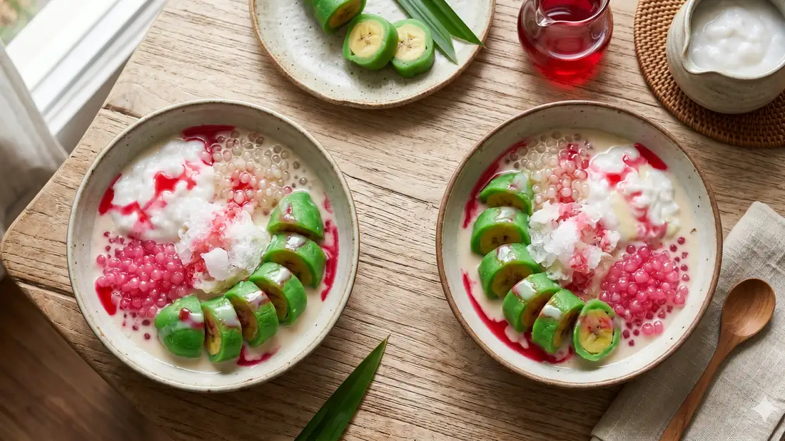Es pisang ijo Makassar dengan balutan adonan hijau pandan, fla putih, sirup merah, dan es serut