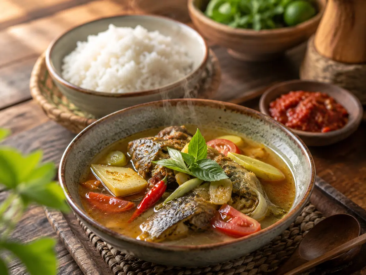 Gangan asam Banjar disajikan dalam mangkuk bersama nasi putih hangat dan sambal