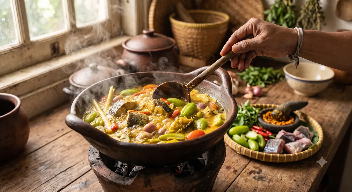 Proses memasak gangan asam dengan potongan ikan dan belimbing wuluh dalam kuah kuning mendidih