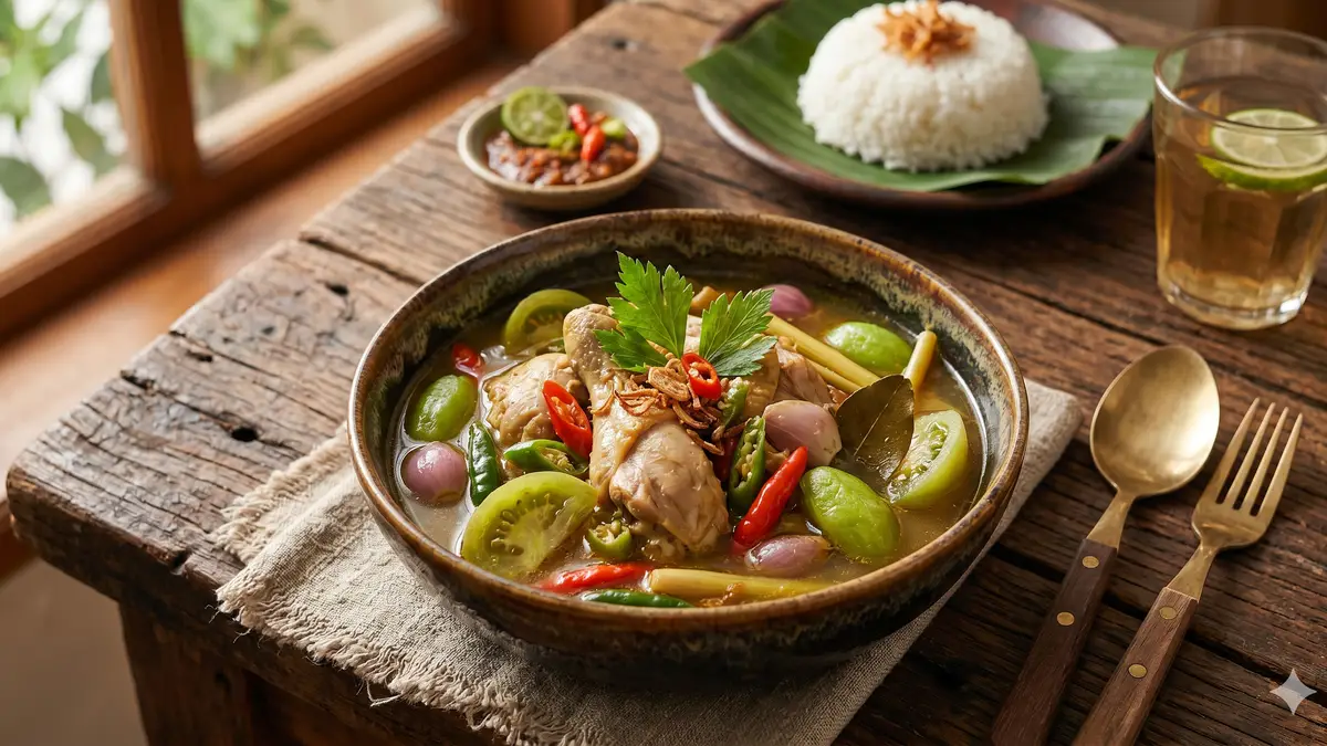 Garang asem siap disajikan dengan nasi hangat