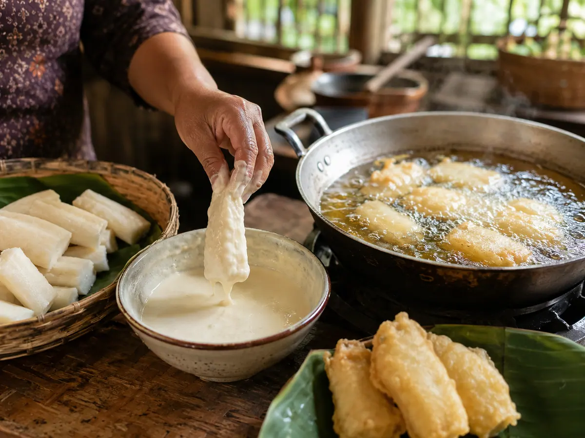 Proses melapisi potongan singkong sebelum digoreng untuk getuk goreng
