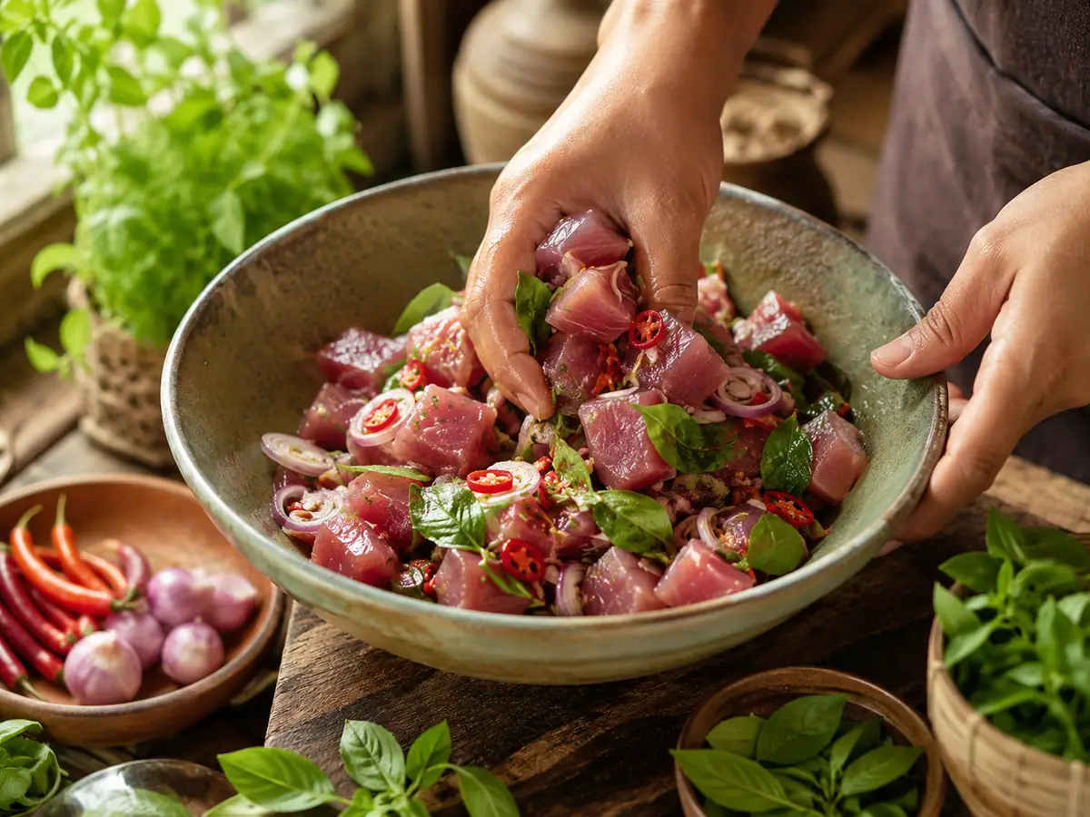 Proses mencampur potongan tuna mentah dengan bawang, cabai, dan kemangi