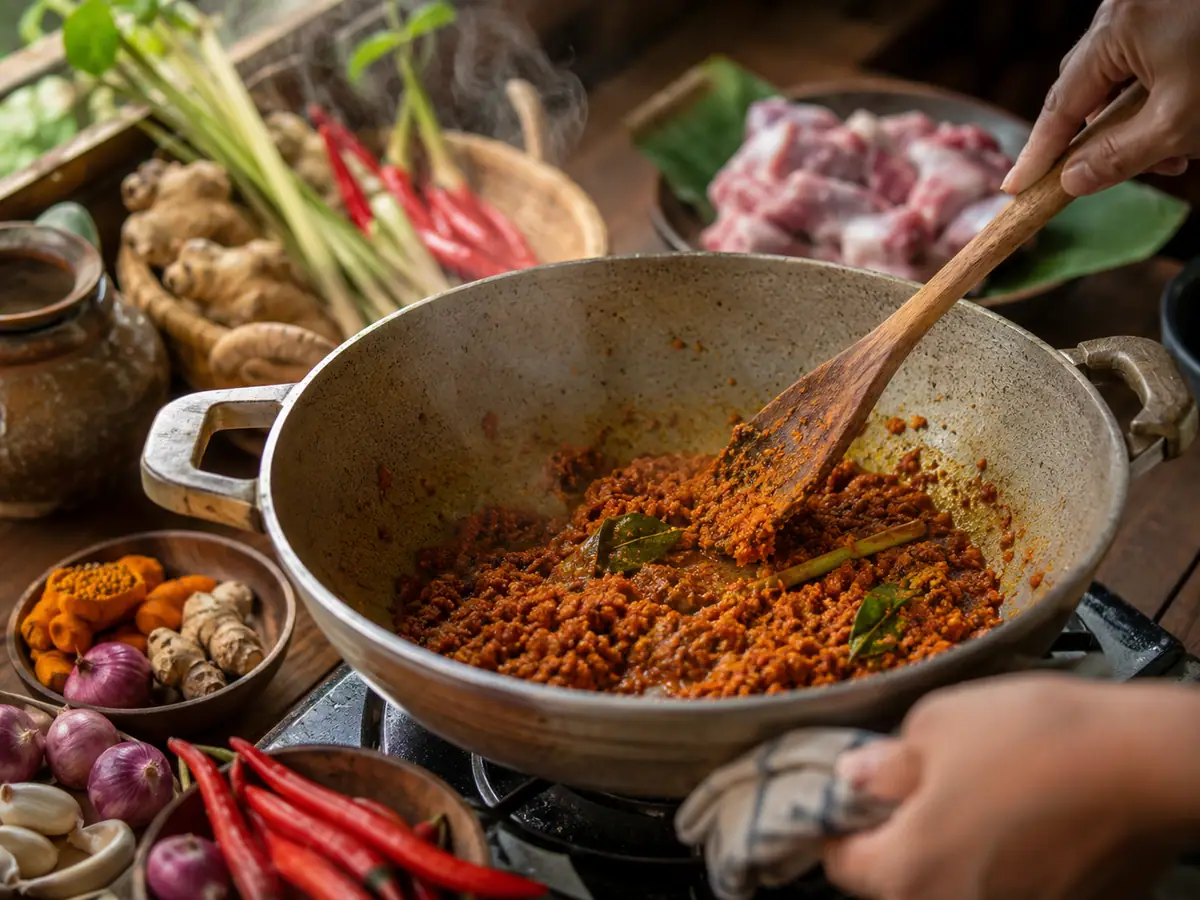 Proses memasak gulai kambing menumis bumbu halus sebelum menuang santan