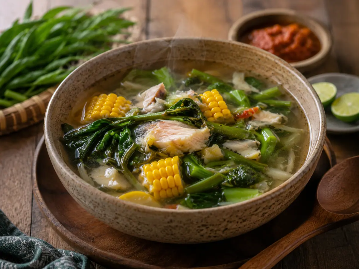 Kuah asam kapurung berisi kangkung jagung dan ikan suwir yang segar